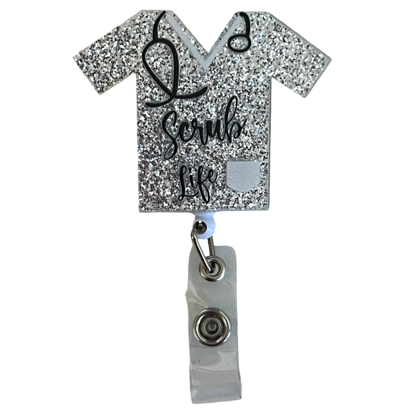 Scrub Life Badge Reel Silver Glitter Nurse Badge Holder Retractable ID Clip