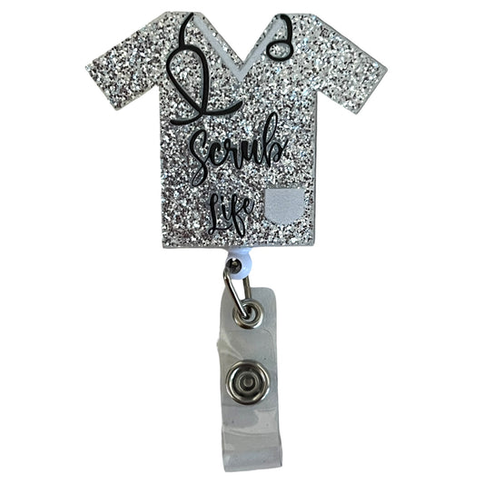 Scrub Life Badge Reel Silver Glitter Nurse Badge Holder Retractable ID Clip