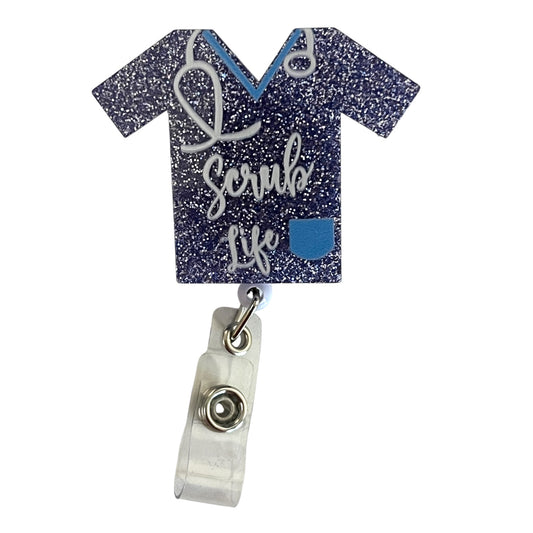Scrub Life Badge Reel Dark Blue Glitter Nurse Badge Holder Retractable ID Clip