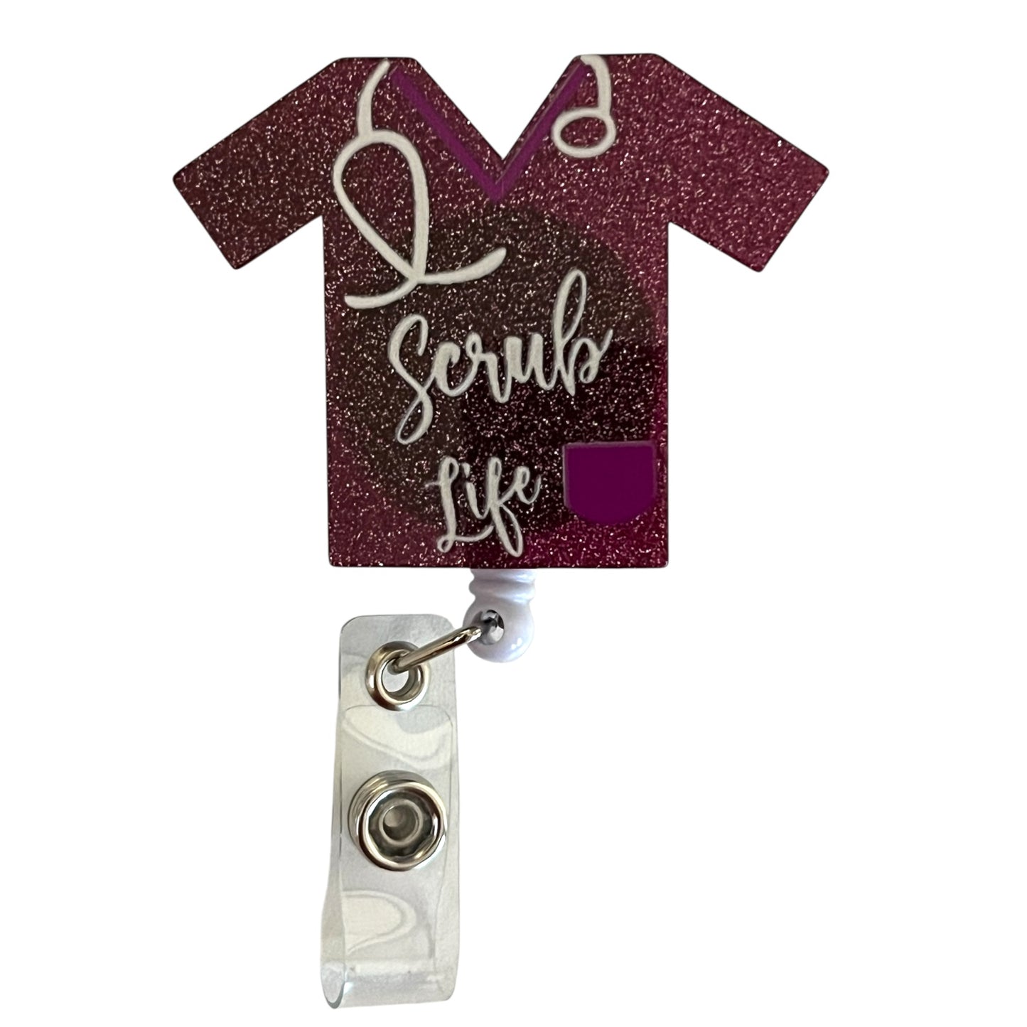 Scrub Life Badge Reel Magenta Glitter Nurse Badge Holder Retractable ID Clip