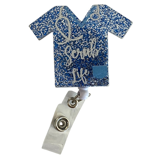 Scrub Life Badge Reel Light Blue Glitter Nurse Badge Holder Retractable ID Clip