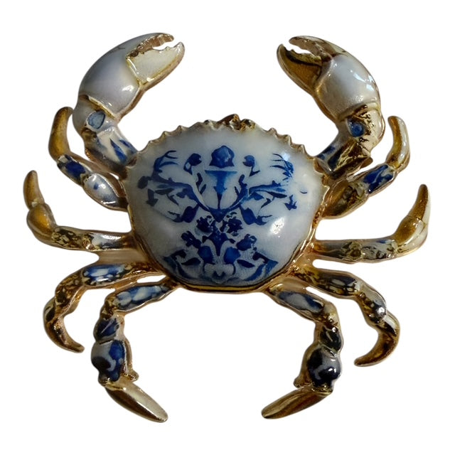 Blue White Porcelain Style Crab Brooch Gold Tone Figural Pin 2"