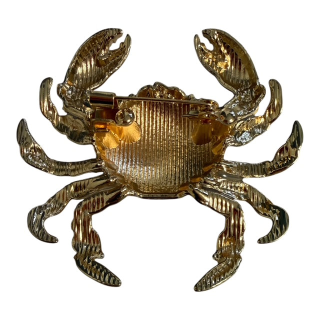 Blue White Porcelain Style Crab Brooch Gold Tone Figural Pin 2"