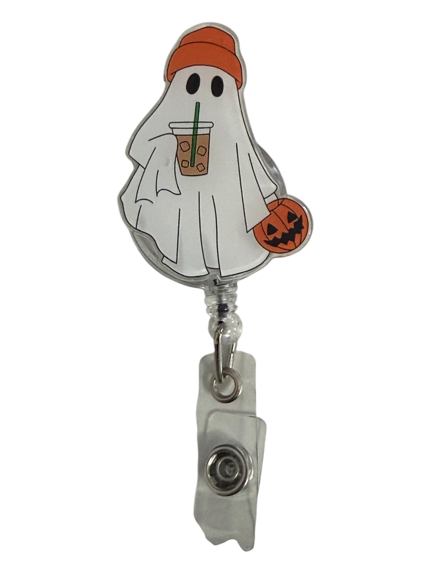 Halloween Ghost Coffee Badge Reel Retractable ID Holder Pumpkin 4"