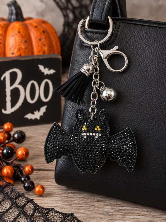 Black Rhinestone Bat Keychain Purse Charm Tassel Halloween 5"