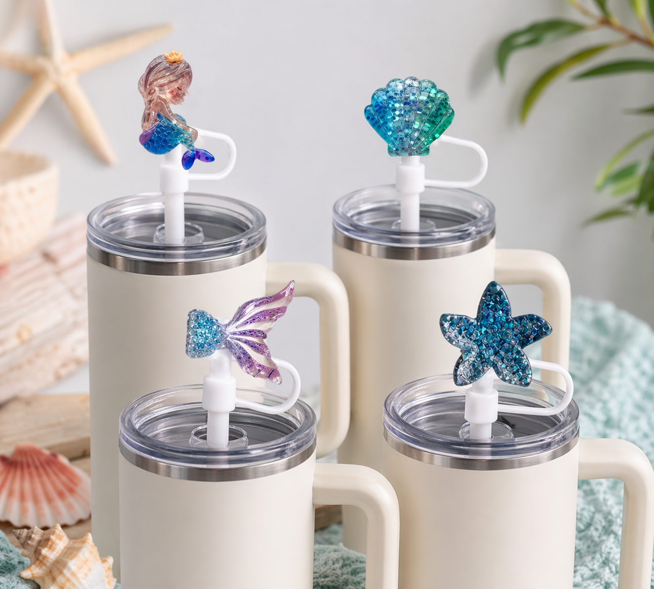 Mermaid Straw Covers Set Bling Straw Toppers Shell Starfish Fish Tail Accessories