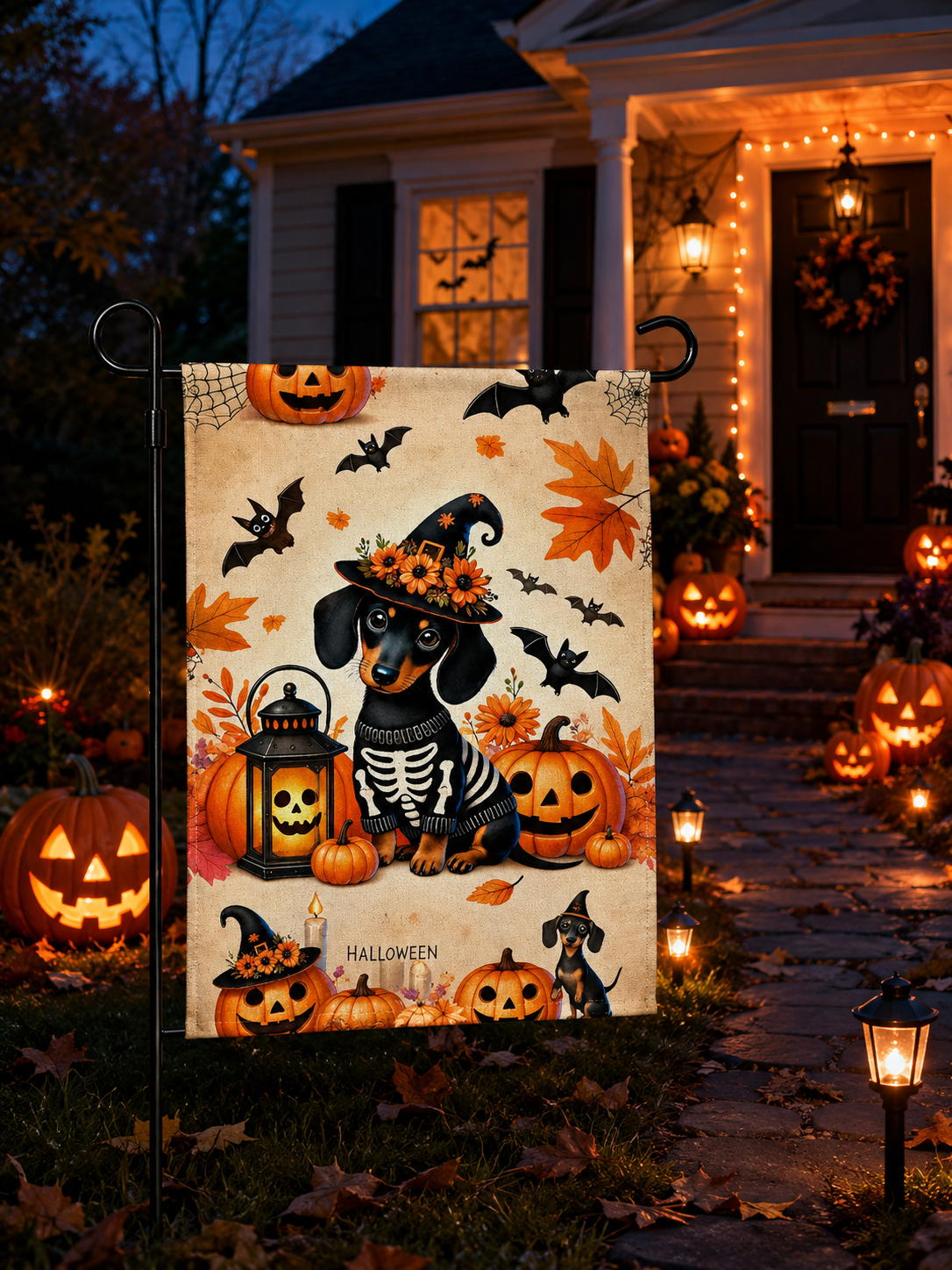 Halloween Dachshund Garden Flag – 12x8 – Skeleton Costume with Pumpkins & Bats