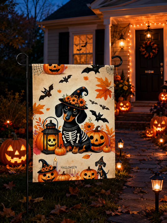 Halloween Dachshund Garden Flag – 12x8 – Skeleton Costume with Pumpkins & Bats