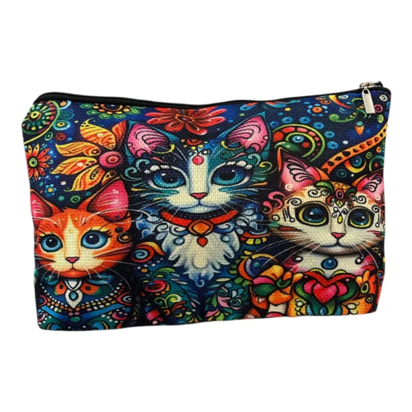 Boho Cat Print Zipper Pouch Makeup Bag – Colorful Travel Organizer 7x10.5