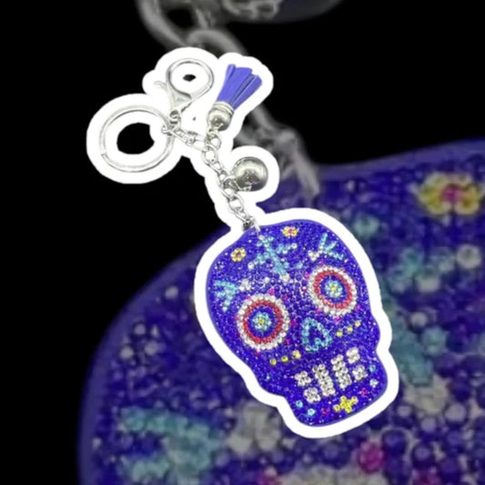 Purple-Blue Sugar Skull Rhinestone Keychain w Tassel – Día de los Muertos Style