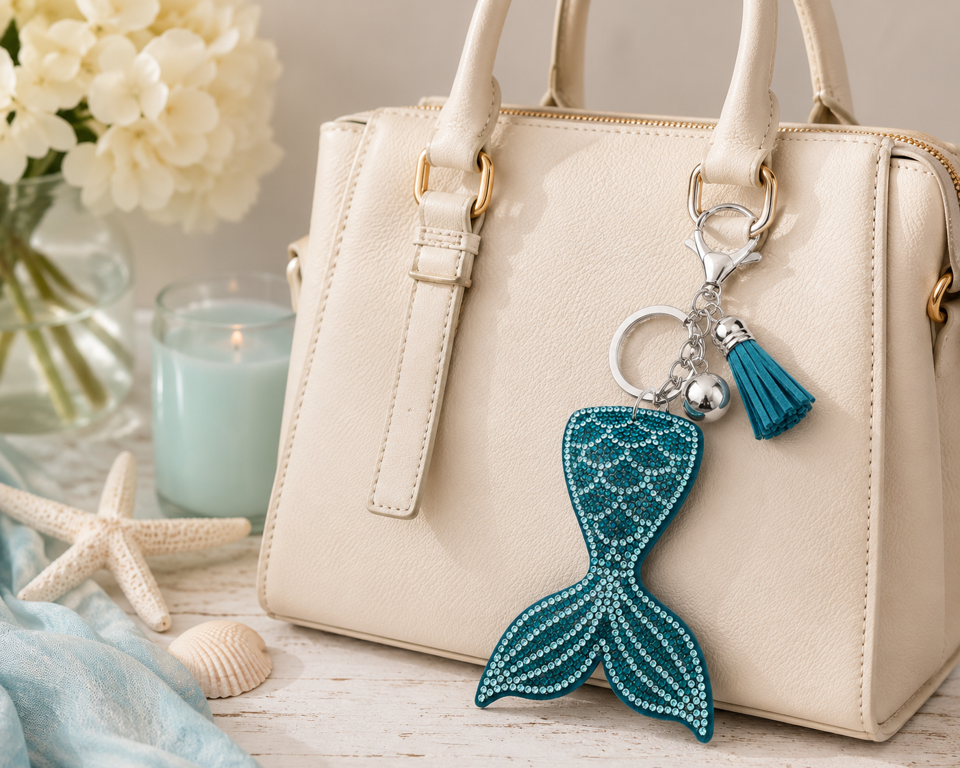 Mermaid Tail Rhinestone Tassel Keychain Purse Charm Aqua Blue Crystal Bag Accessory