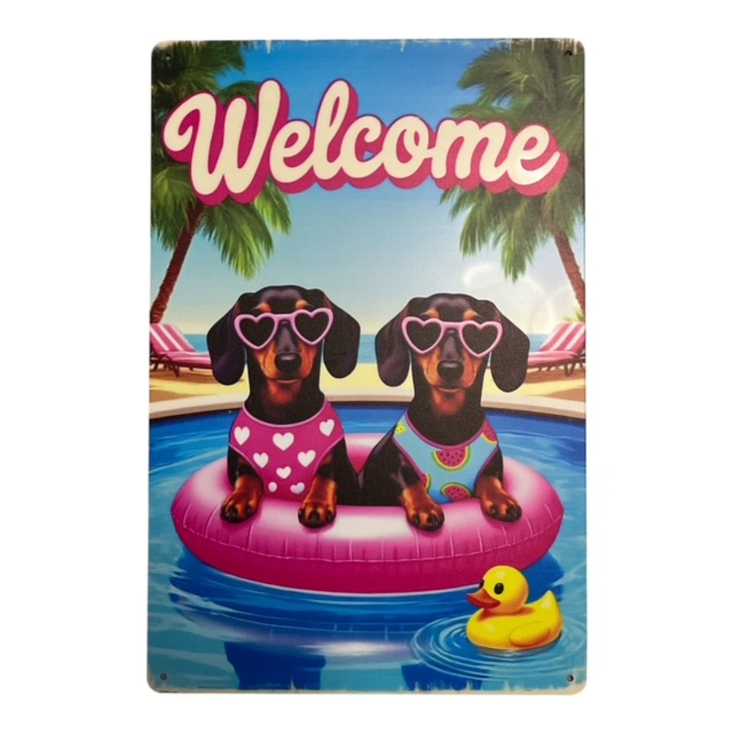 Dachshund Pool Party Welcome Sign – 12" x 8" Metal Wall Decor – Retro