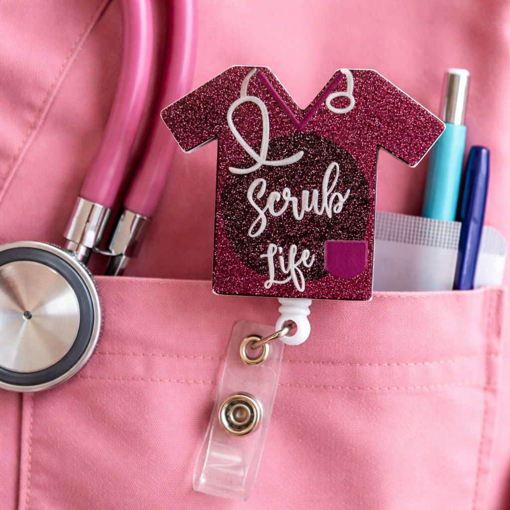 Scrub Life Badge Reel Magenta Glitter Nurse Badge Holder Retractable ID Clip