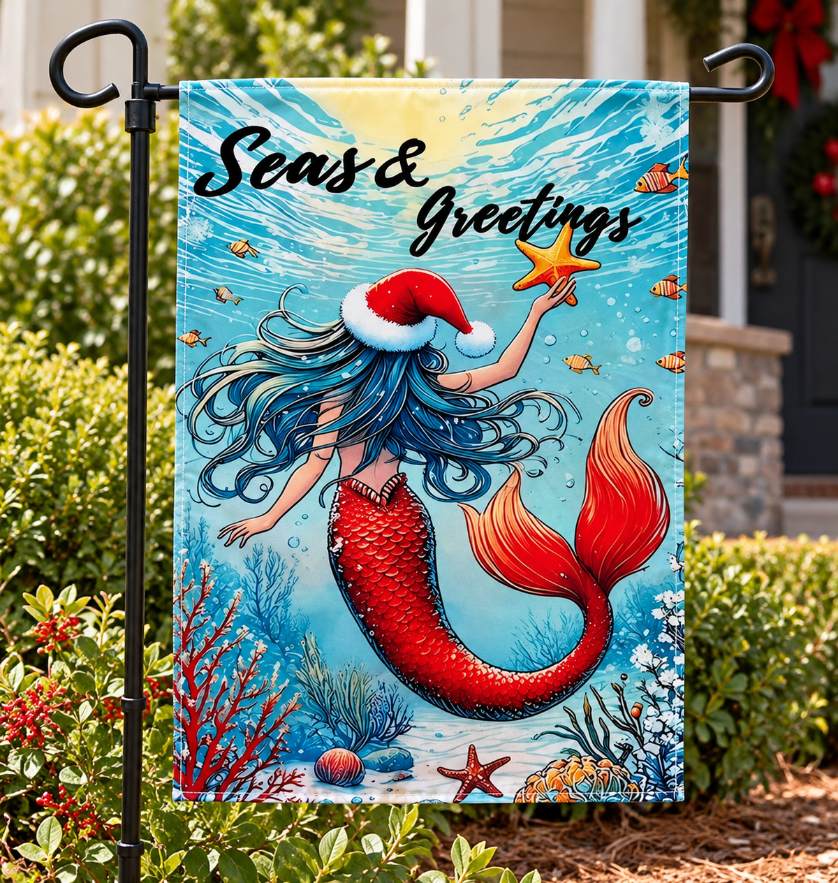 Christmas Mermaid Seas &amp; Greetings Garden Flag Coastal Holiday Decor