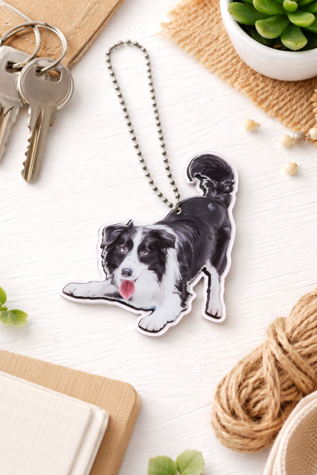 Border Collie Acrylic Keychain Dog Lover Charm Black White Pup 3x2.5