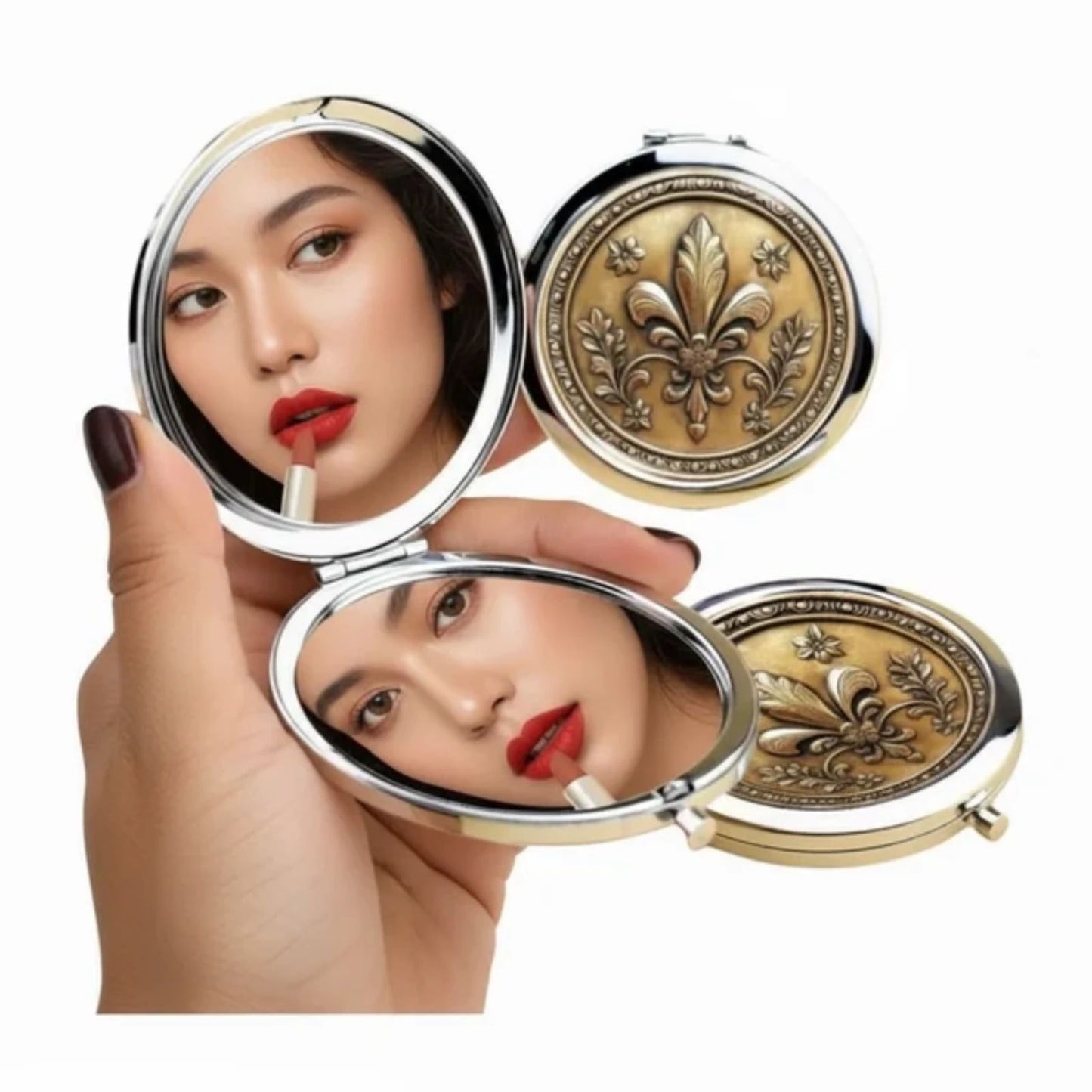 Fleur-de-Lis Compact Mirror Vintage Style Gold Tone Pocket Makeup Mirror 2.76”