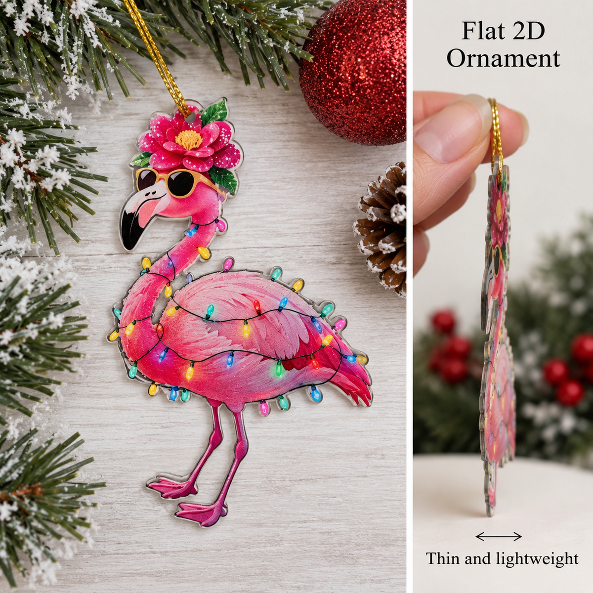 Pink Flamingo Christmas Ornament Tropical Holiday Lights 3"