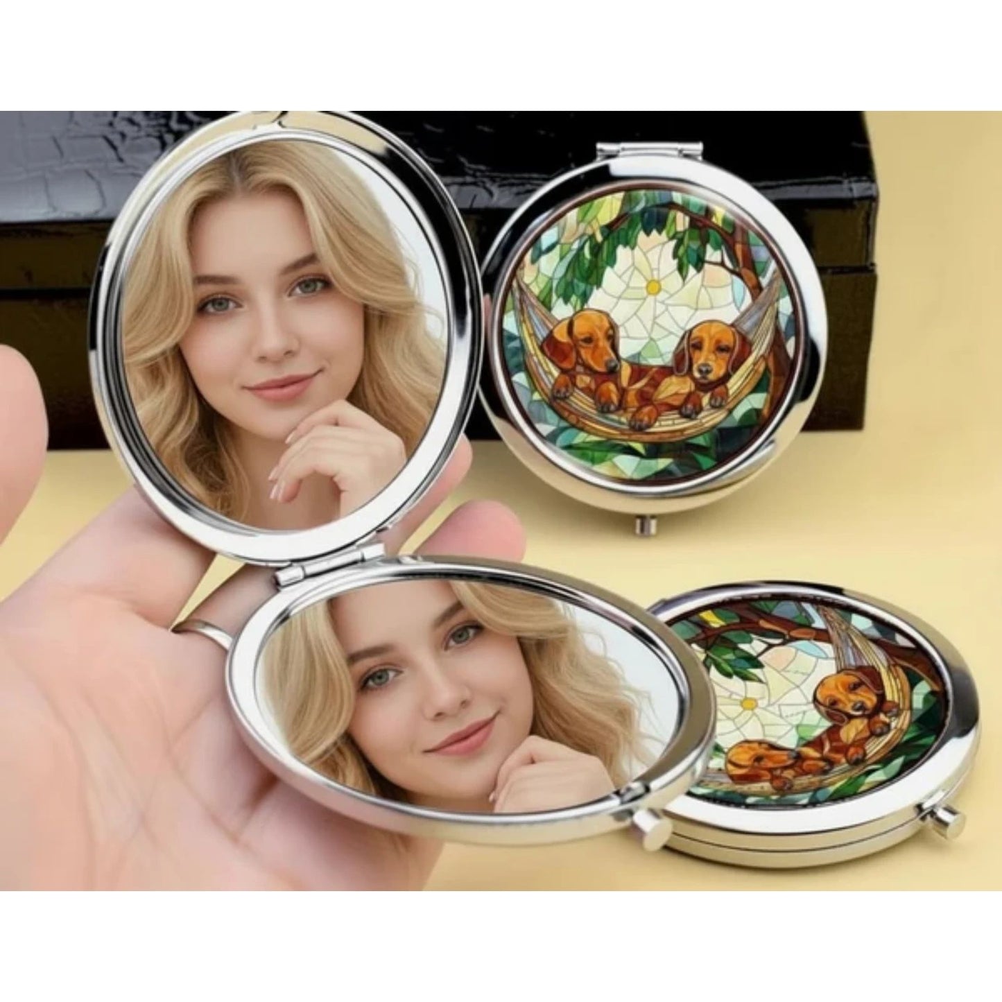 Dachshund Hammock Stained Glass Style Compact Mirror Round Makeup Mirror 2.76”