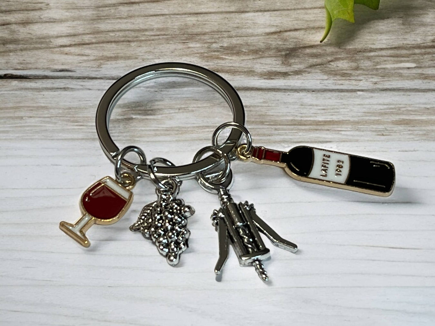 Wine Themed Keychain with Wine Glass, Grapes, Wine Bottle and Bottle Opener Charms