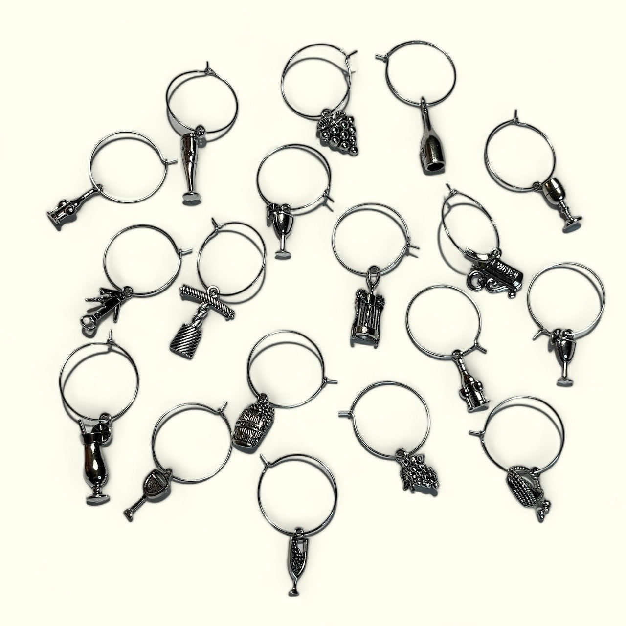 Silver Wine Themed Pendant Stemware Drink Charms Markers Set of 6 Assorted