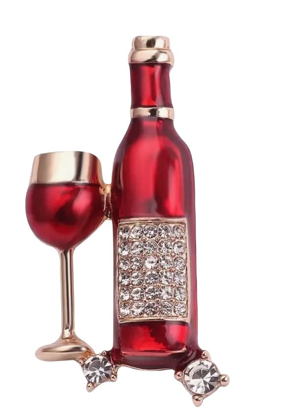 Sparkling rhinestone wine bottle and wine, glass metal brooch. Gold and red.