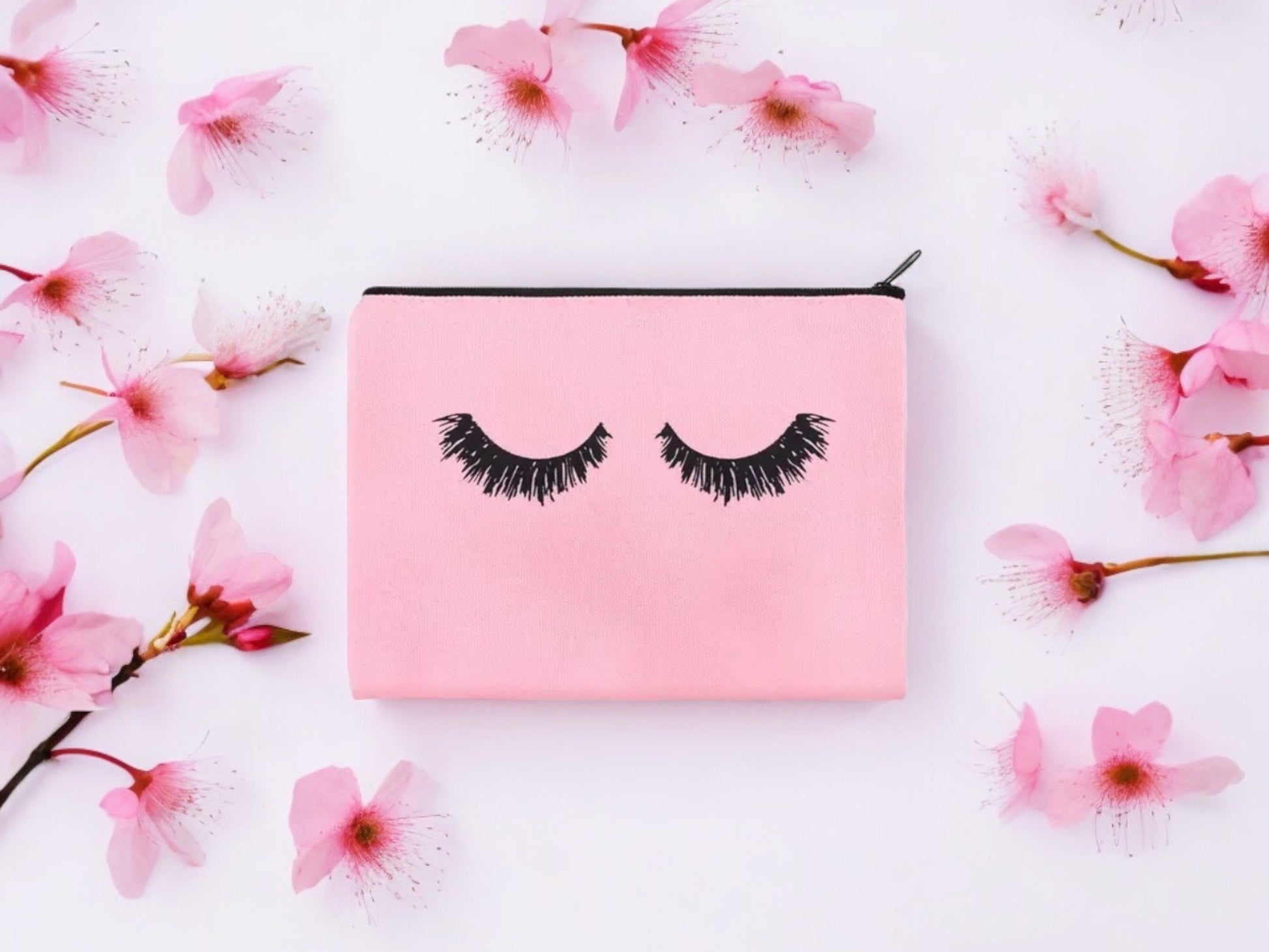 Pink Canvas with Black Eyelashes Cosmetic Makeup Bag, a Versatile Travel Pouch. Eyelash Design Toiletry Case with Zipper.