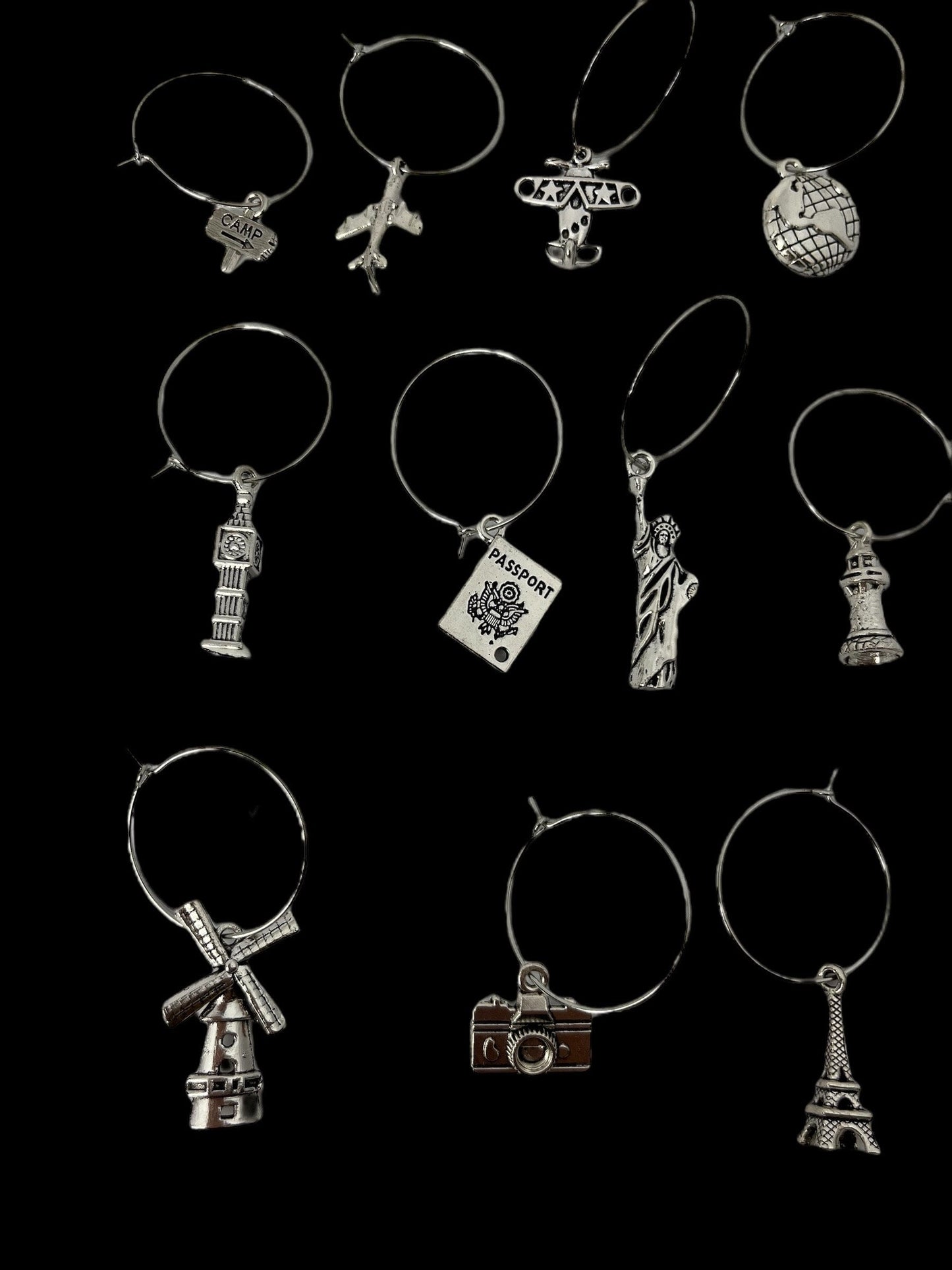 Travel Themed Pendant Wine Glass Stemware Drink Charms and Markers Set of 6 Assorted