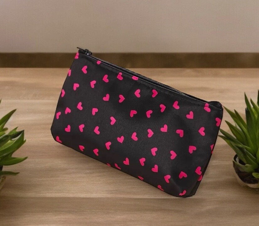 Small Hearts Zipper Makeup Bag Available in Pink or Black