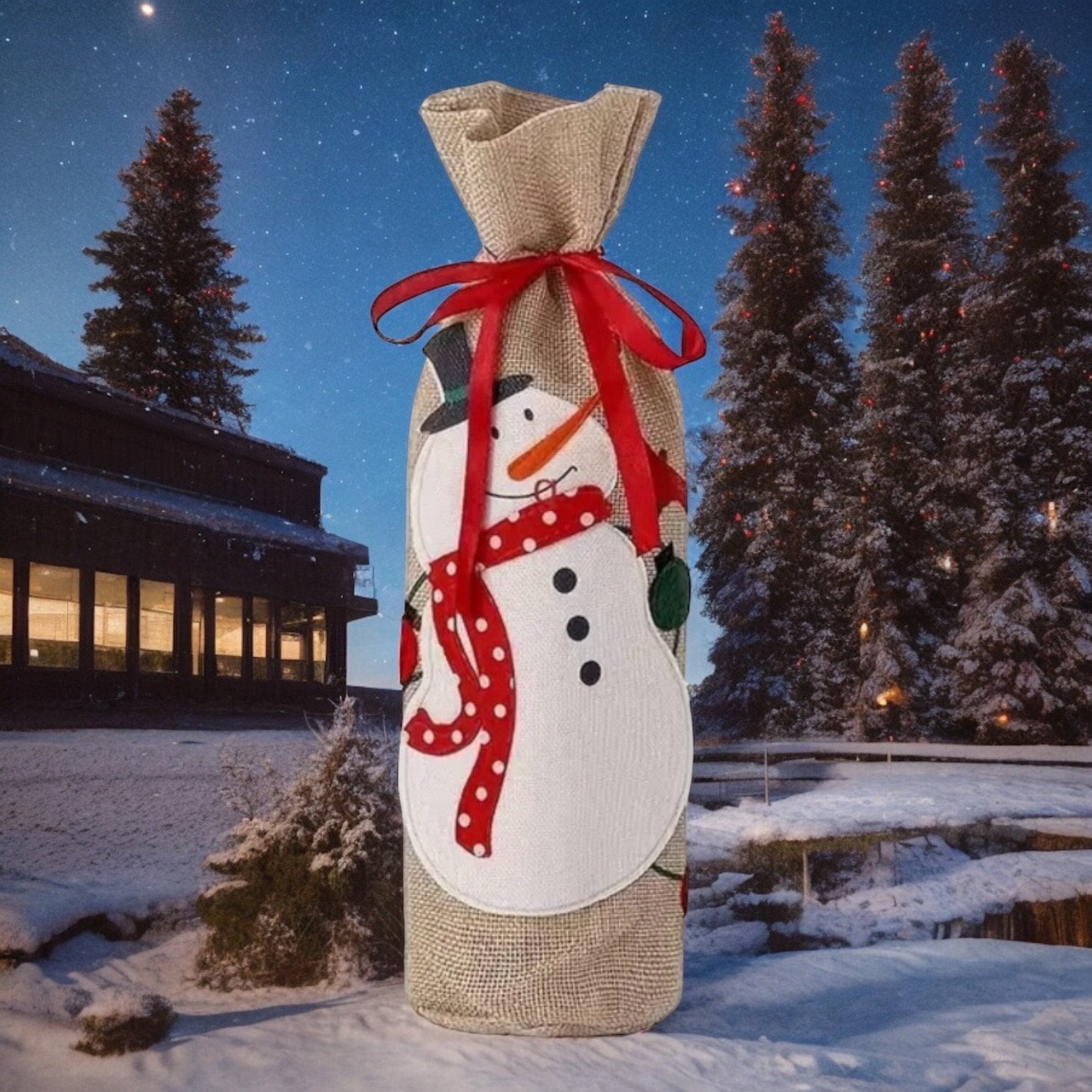 Holiday Snowman Burlap Wine Bottle Cover