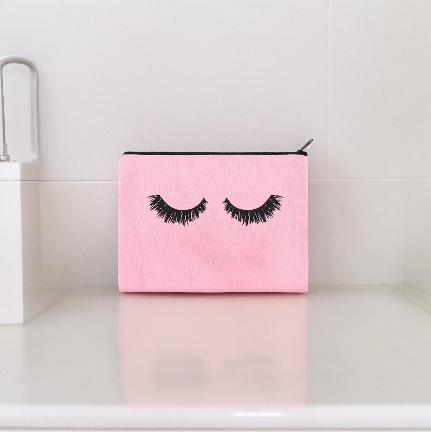 Pink Canvas with Black Eyelashes Cosmetic Makeup Bag, a Versatile Travel Pouch. Eyelash Design Toiletry Case with Zipper.