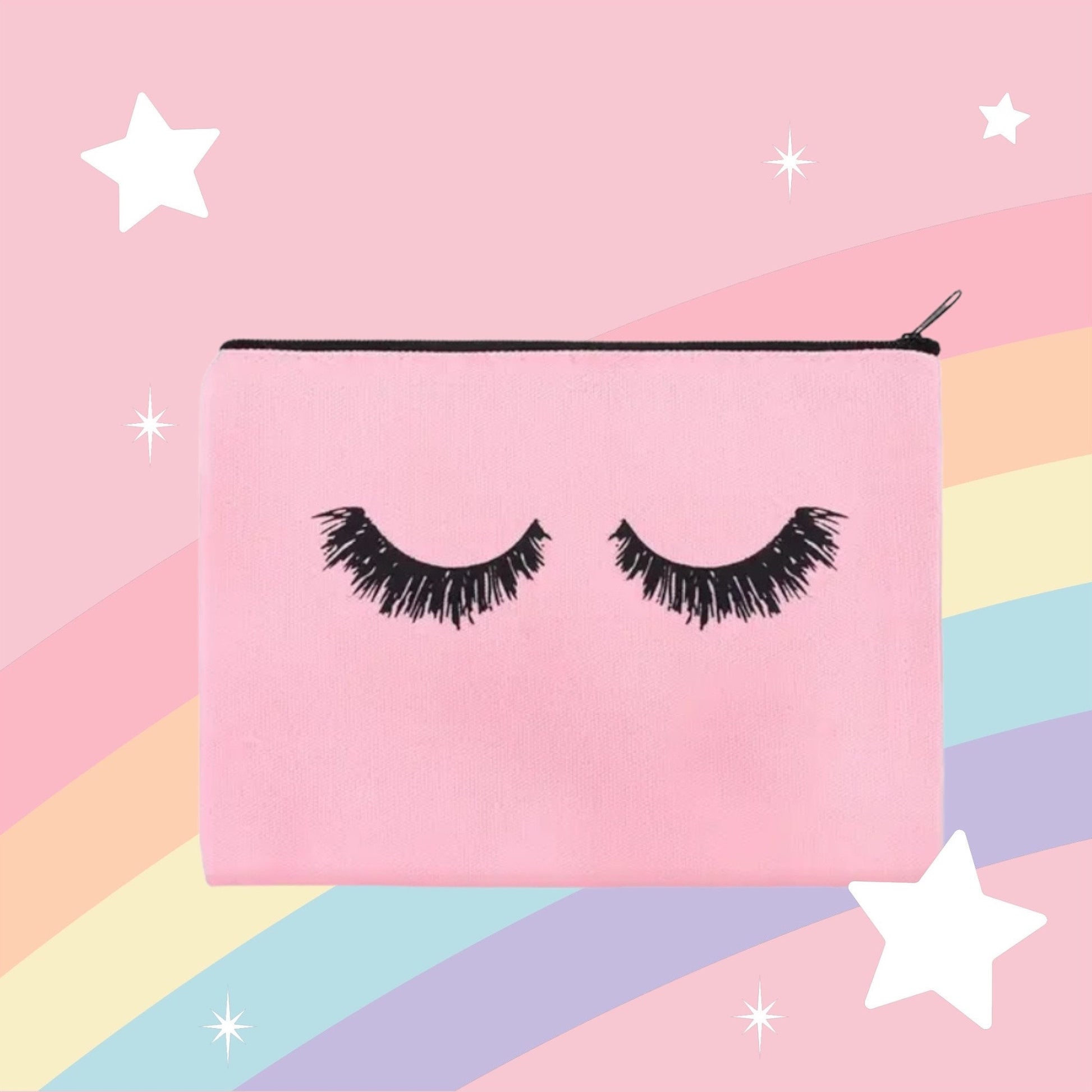 Pink Canvas with Black Eyelashes Cosmetic Makeup Bag, a Versatile Travel Pouch. Eyelash Design Toiletry Case with Zipper.