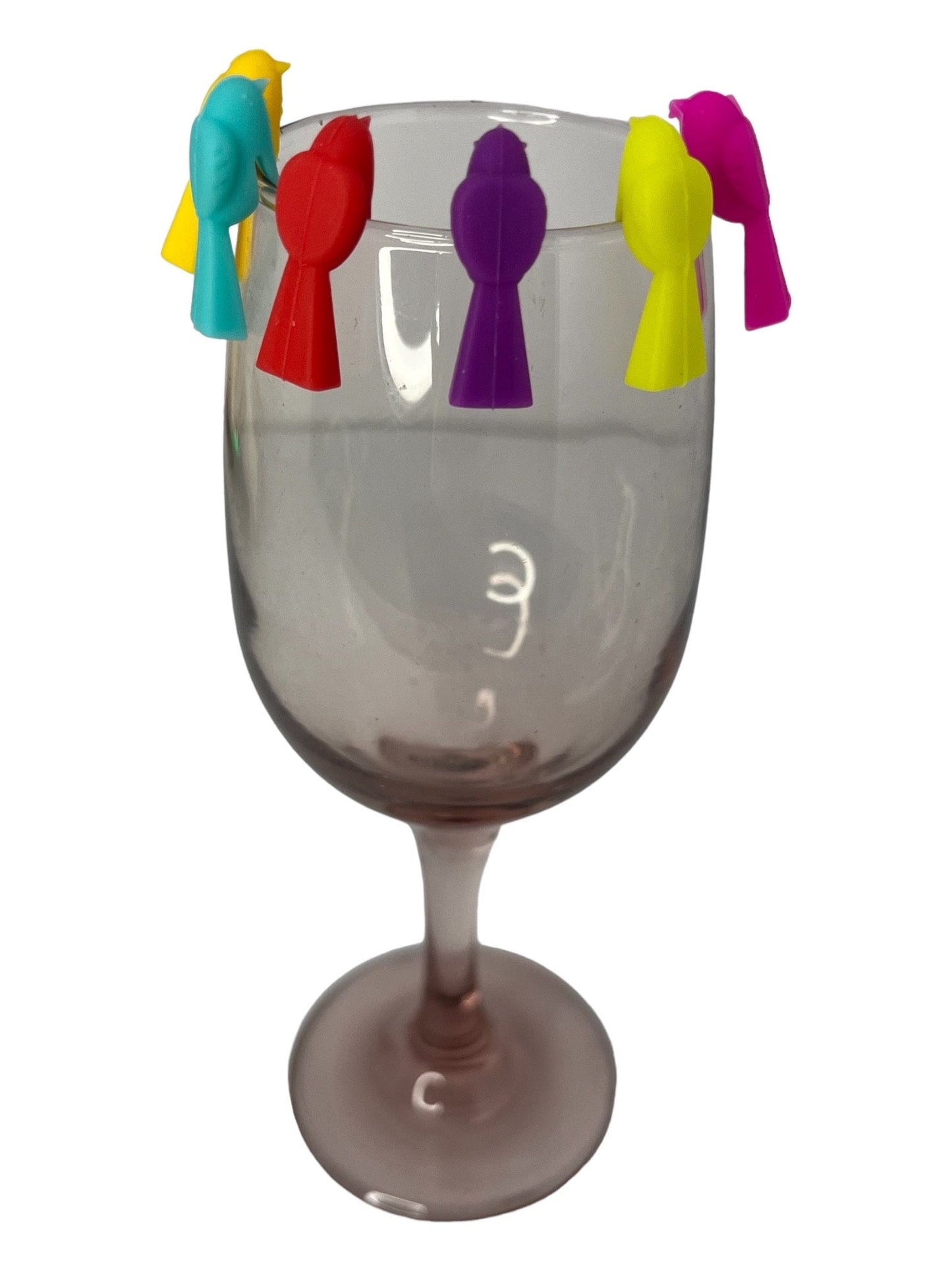 Silicone Bird Drink Markers Rainbow Set of 6 on Wine Glass