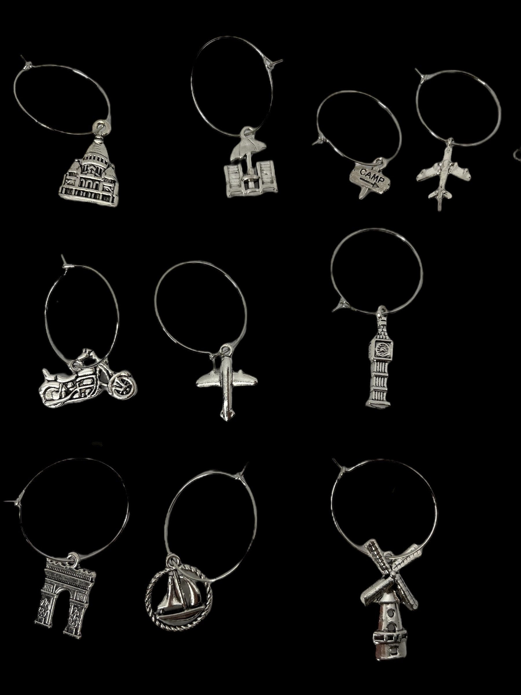 Travel Themed Pendant Wine Glass Stemware Drink Charms and Markers Set of 6 Assorted