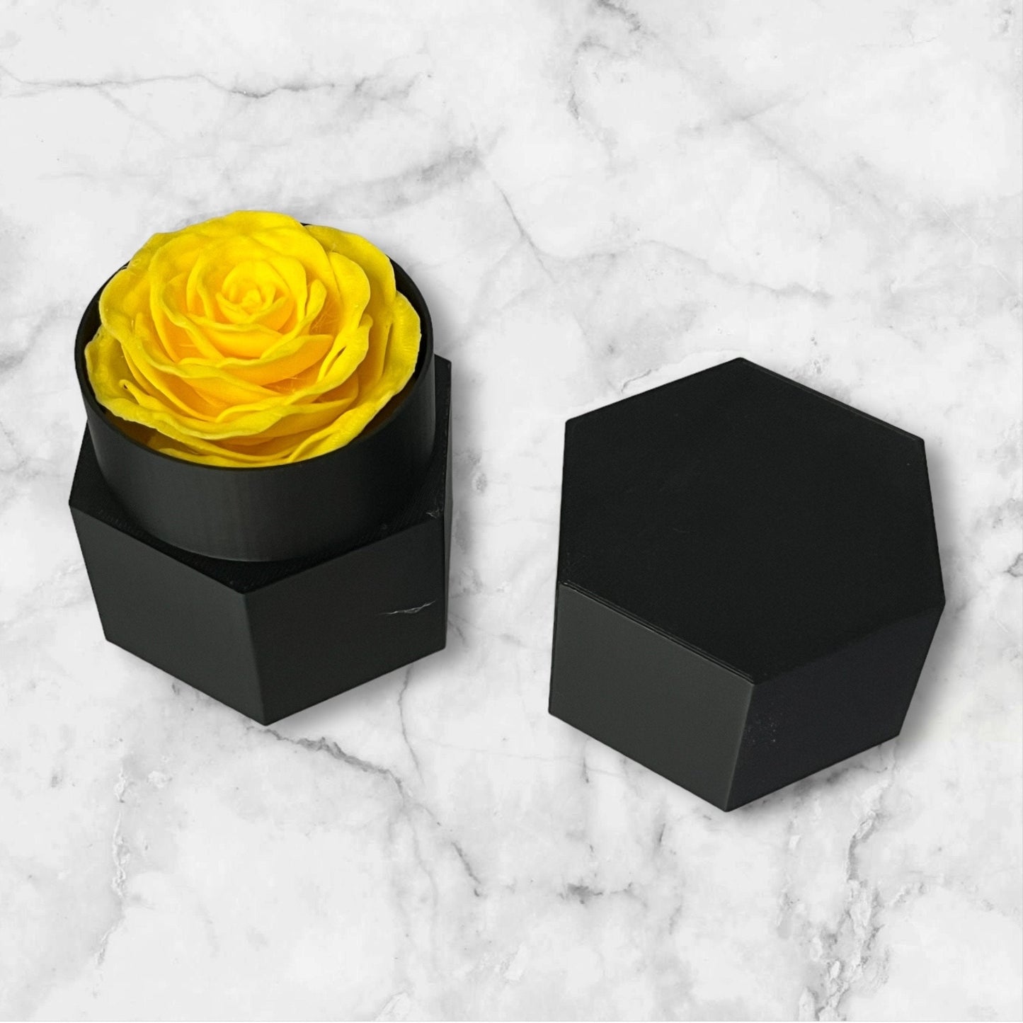 Hexagonal Black Gift or Jewelry Box with Yellow Rose Insert. 3D Printed.