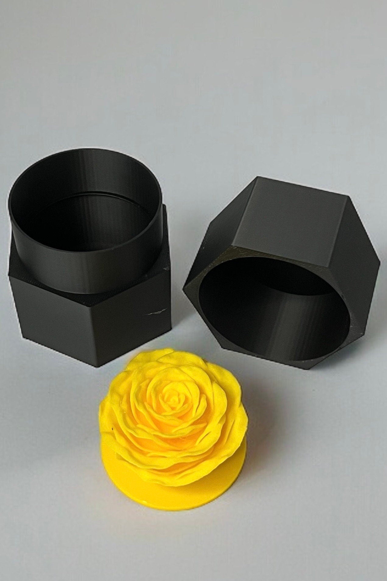 Hexagonal Black Gift or Jewelry Box with Yellow Rose Insert. 3D Printed.