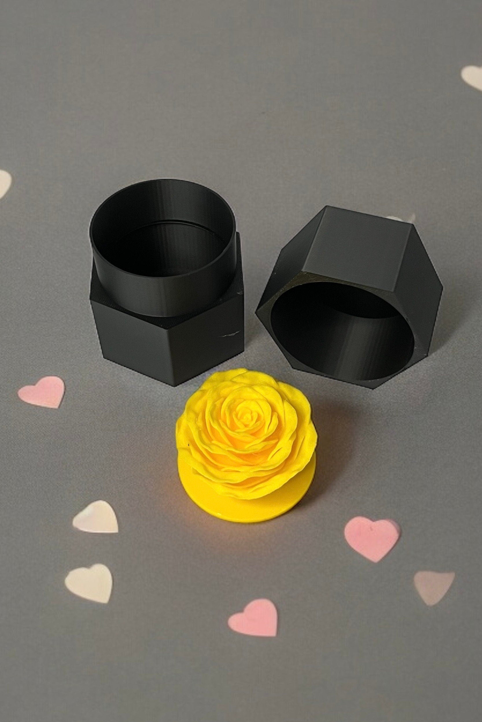 Hexagonal Black Gift or Jewelry Box with Yellow Rose Insert. 3D Printed.