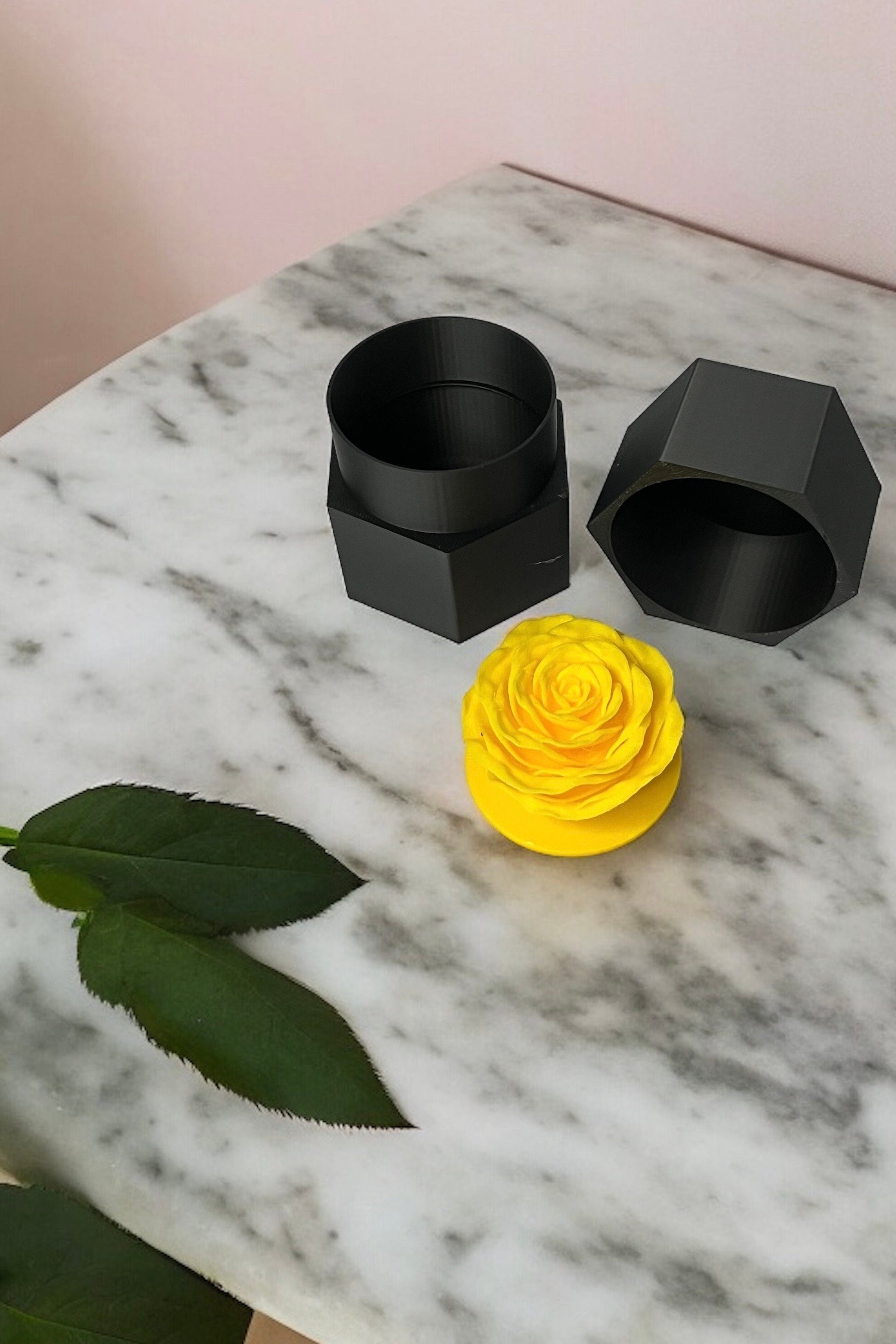 Hexagonal Black Gift or Jewelry Box with Yellow Rose Insert. 3D Printed.