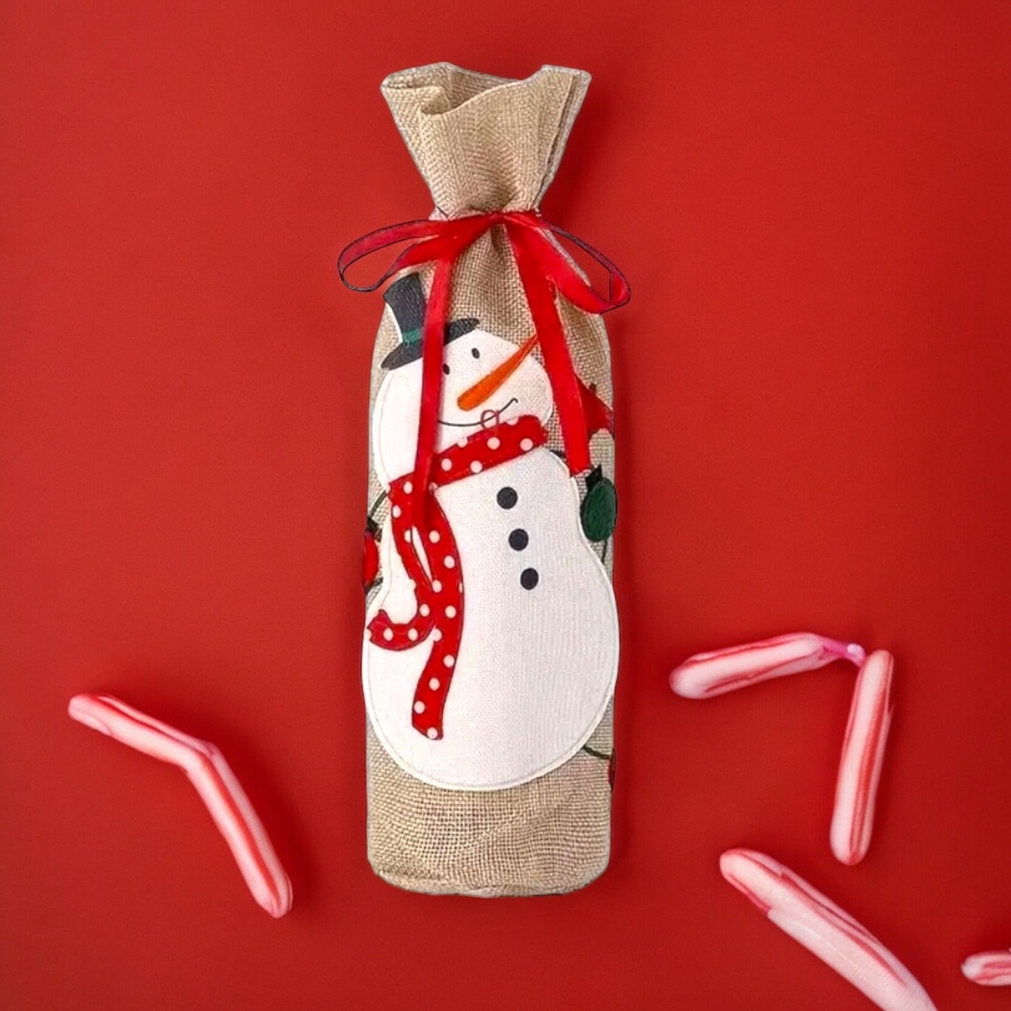 Holiday Snowman Burlap Wine Bottle Cover