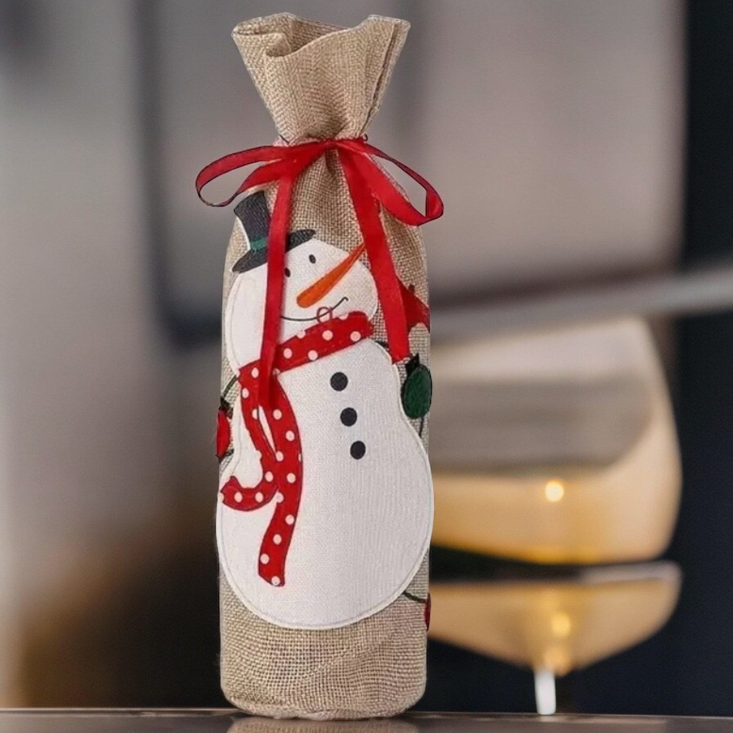 Holiday Snowman Burlap Wine Bottle Cover