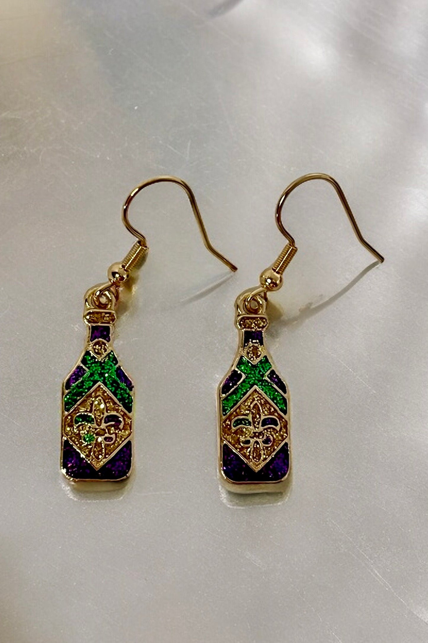 Mardi Gras Glitter Dangle Earrings. Feather Mask, Crown, Shoes, Bottle Dangle Earrings