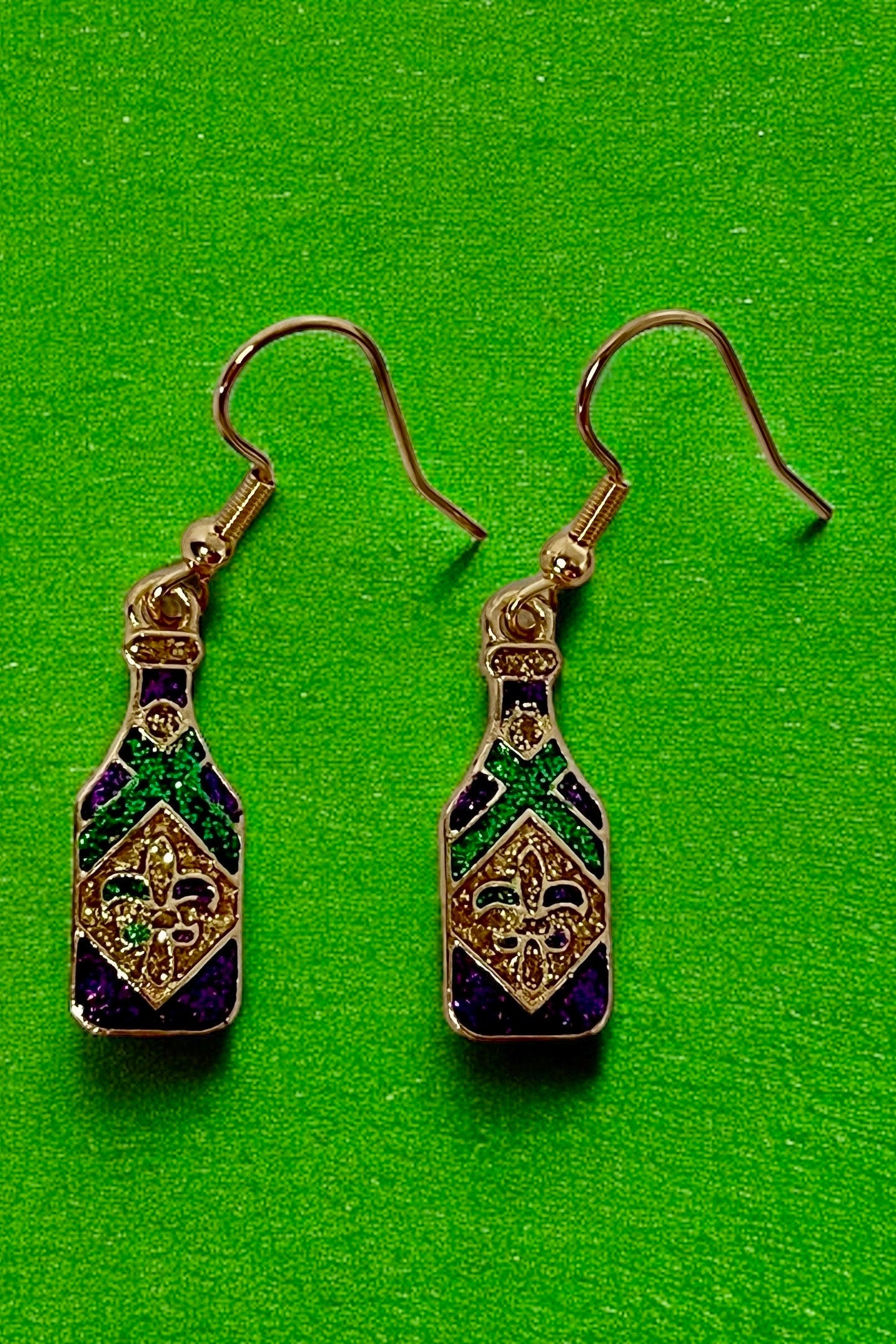 Mardi Gras Glitter Dangle Earrings. Feather Mask, Crown, Shoes, Bottle Dangle Earrings