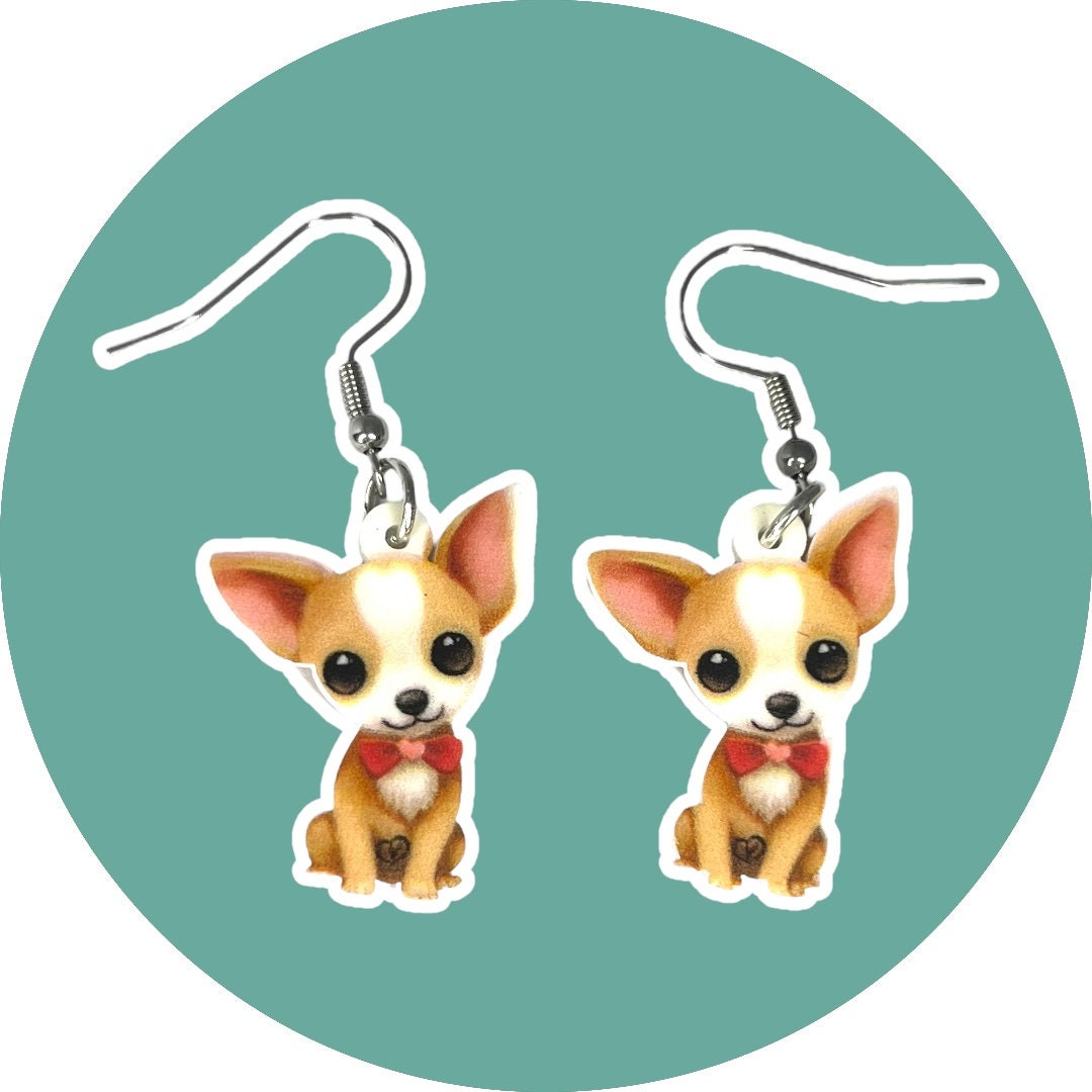 Cute Cartoon Chihuahua Dog Earrings. Acrylic Double-Sided Print Earrings