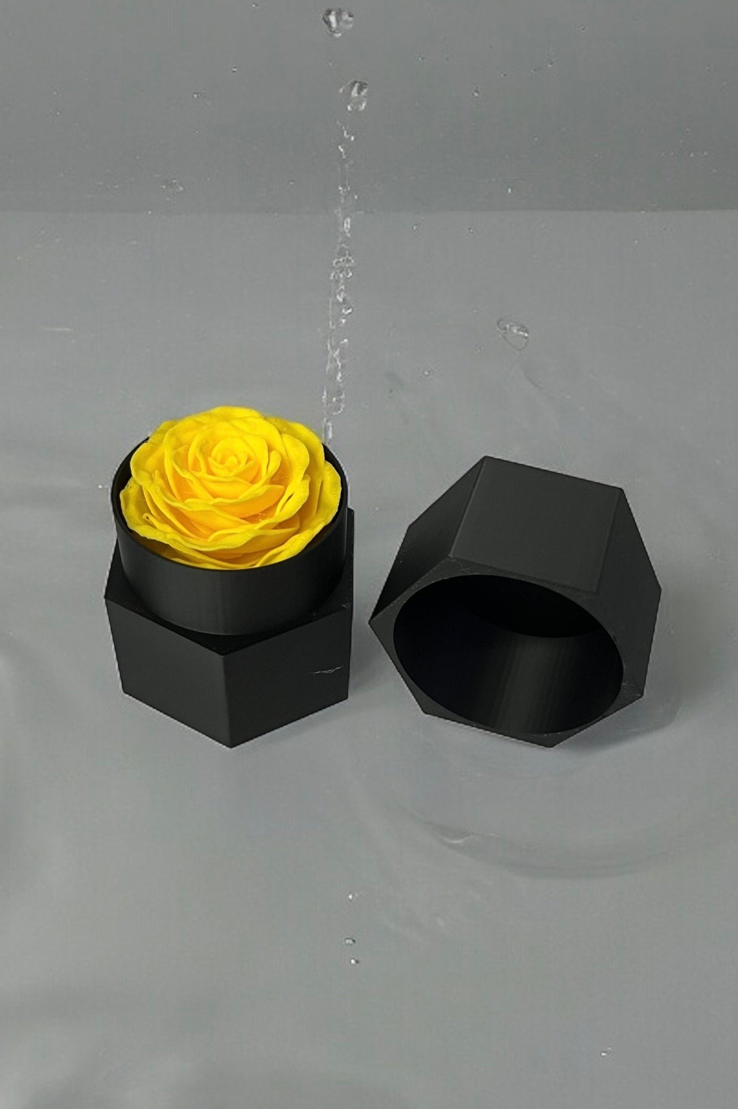 Hexagonal Black Gift or Jewelry Box with Yellow Rose Insert. 3D Printed.