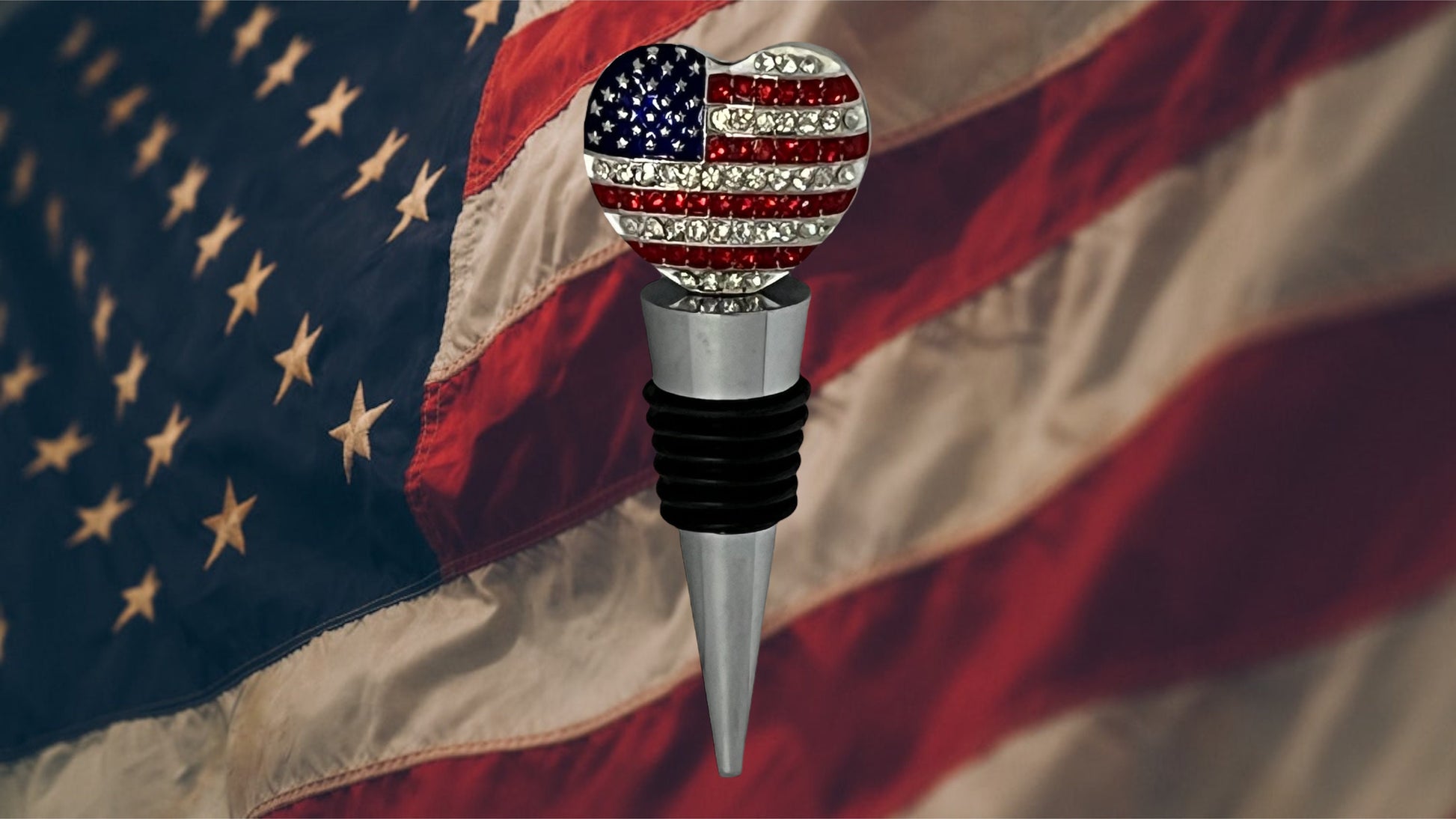 Patriotic Rhinestone American Flag Heart Wine Stopper - Perfect For Independence Day & 4Th Of July Celebrations - Utensils Romantic