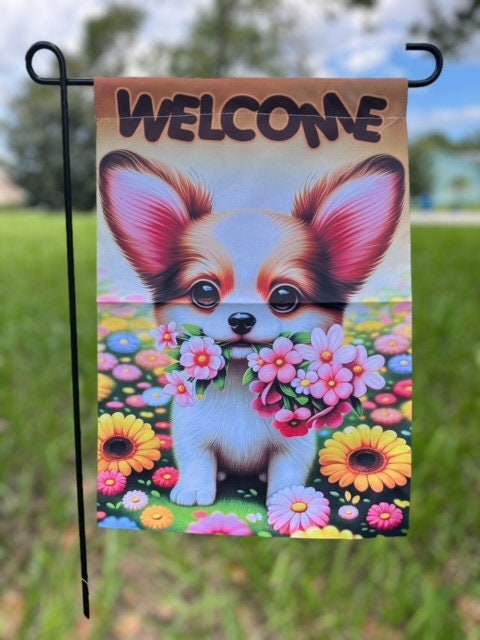 Cute Chihuahua Floral Welcome Garden Yard Flag, Double-Sided Pet Dog Flag, 12x18", Festive Home Decor