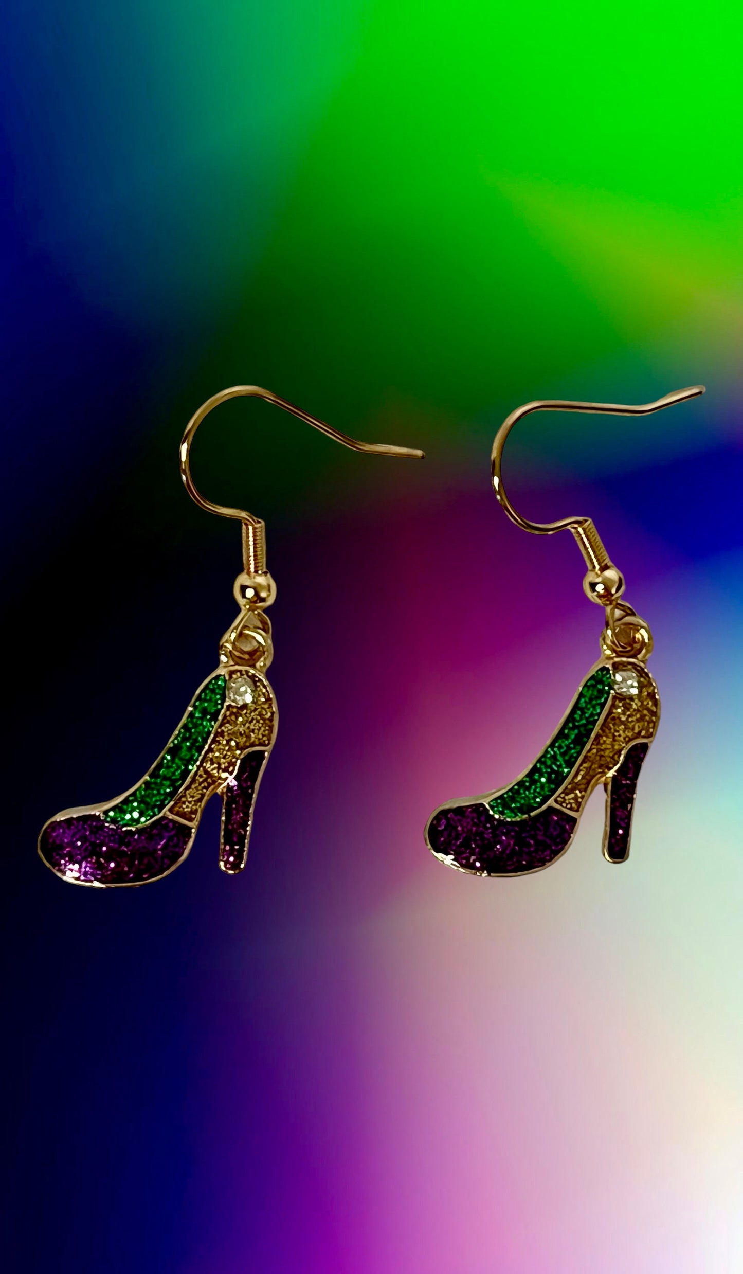 Mardi Gras Glitter Dangle Earrings. Feather Mask, Crown, Shoes, Bottle Dangle Earrings