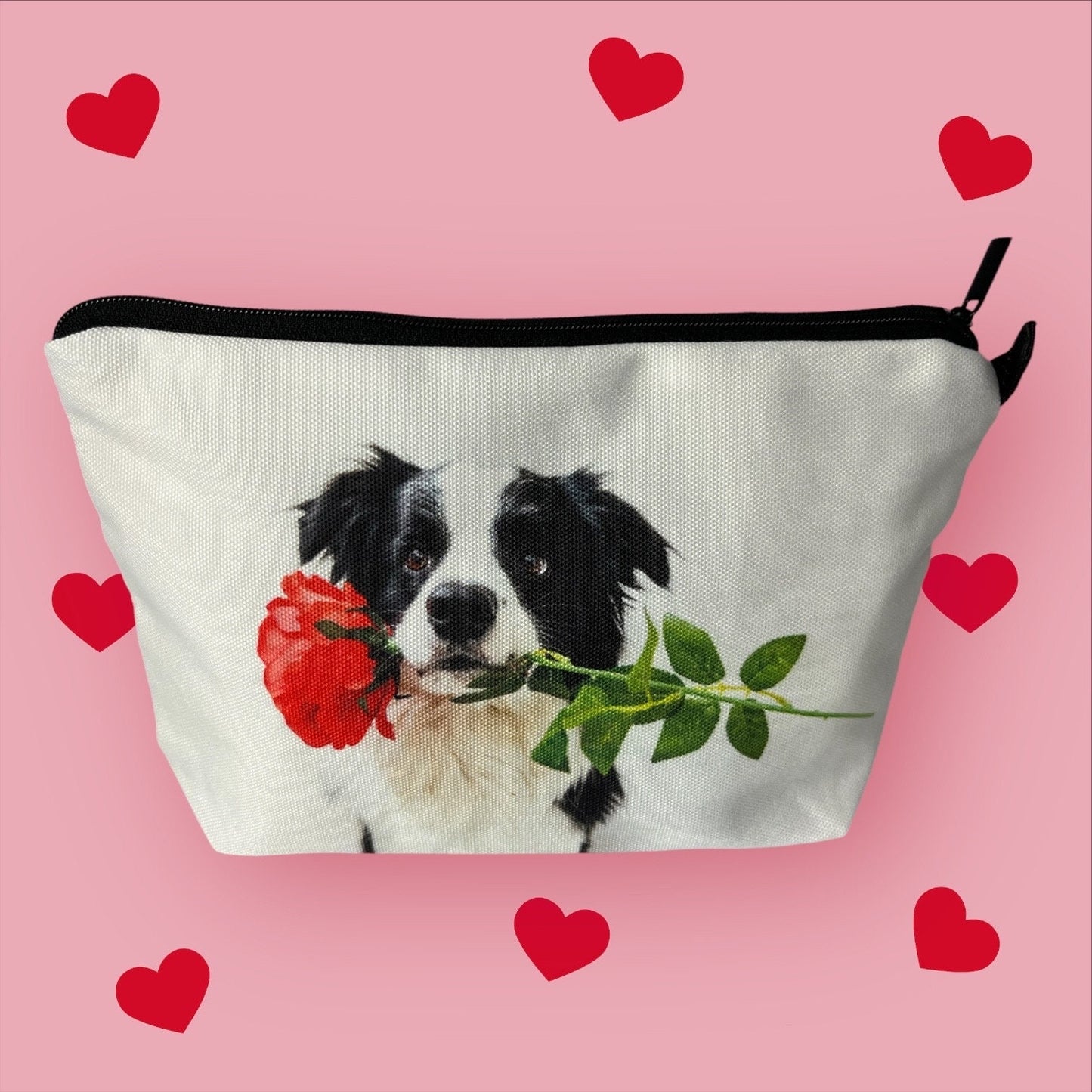 Pretty Floral Border Collie Cosmetic Travel Makeup Bag - Stylish Zipper Pouch