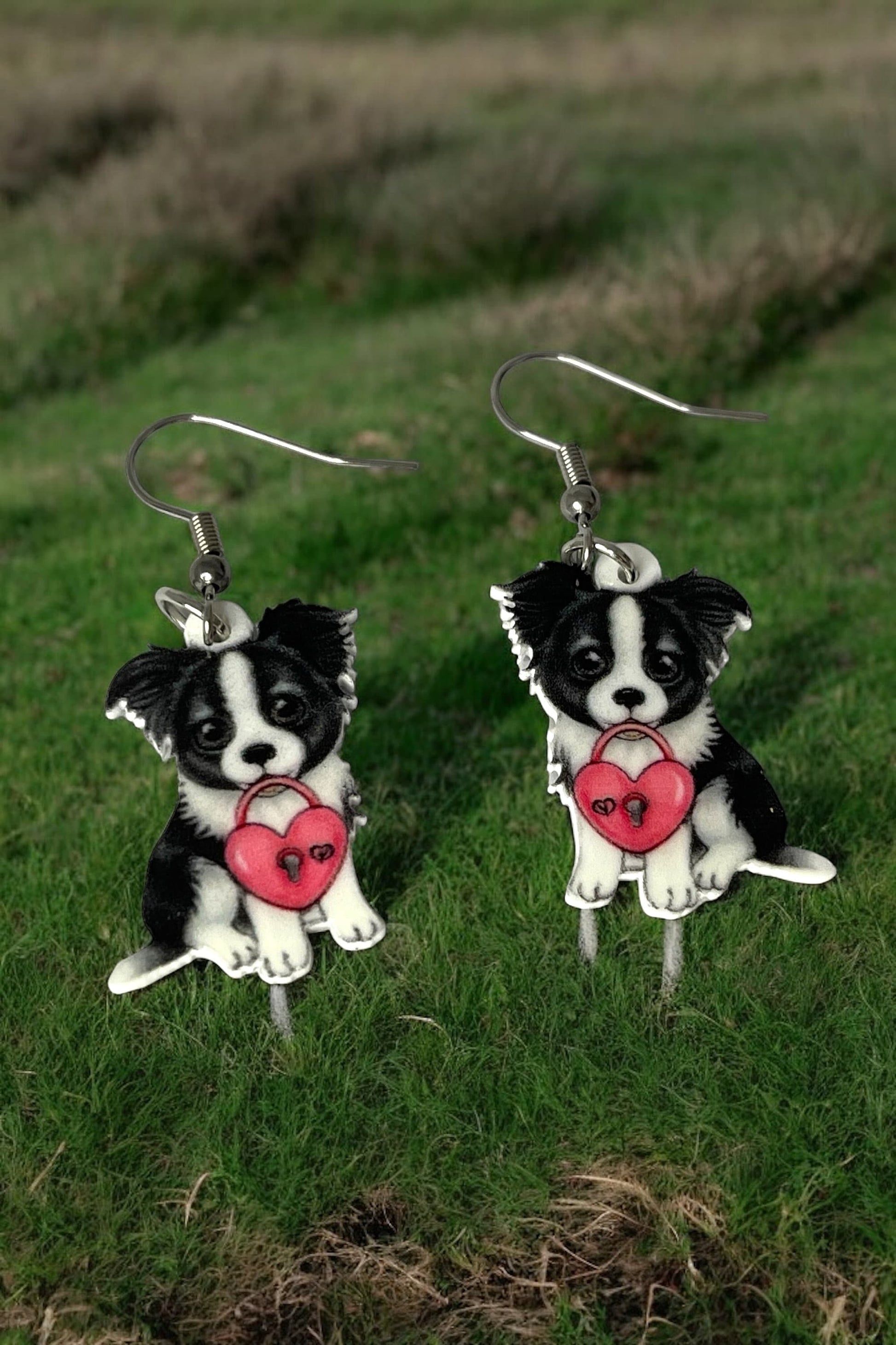 Adorable Heart Border Collie Dog Acrylic Dangle Earrings