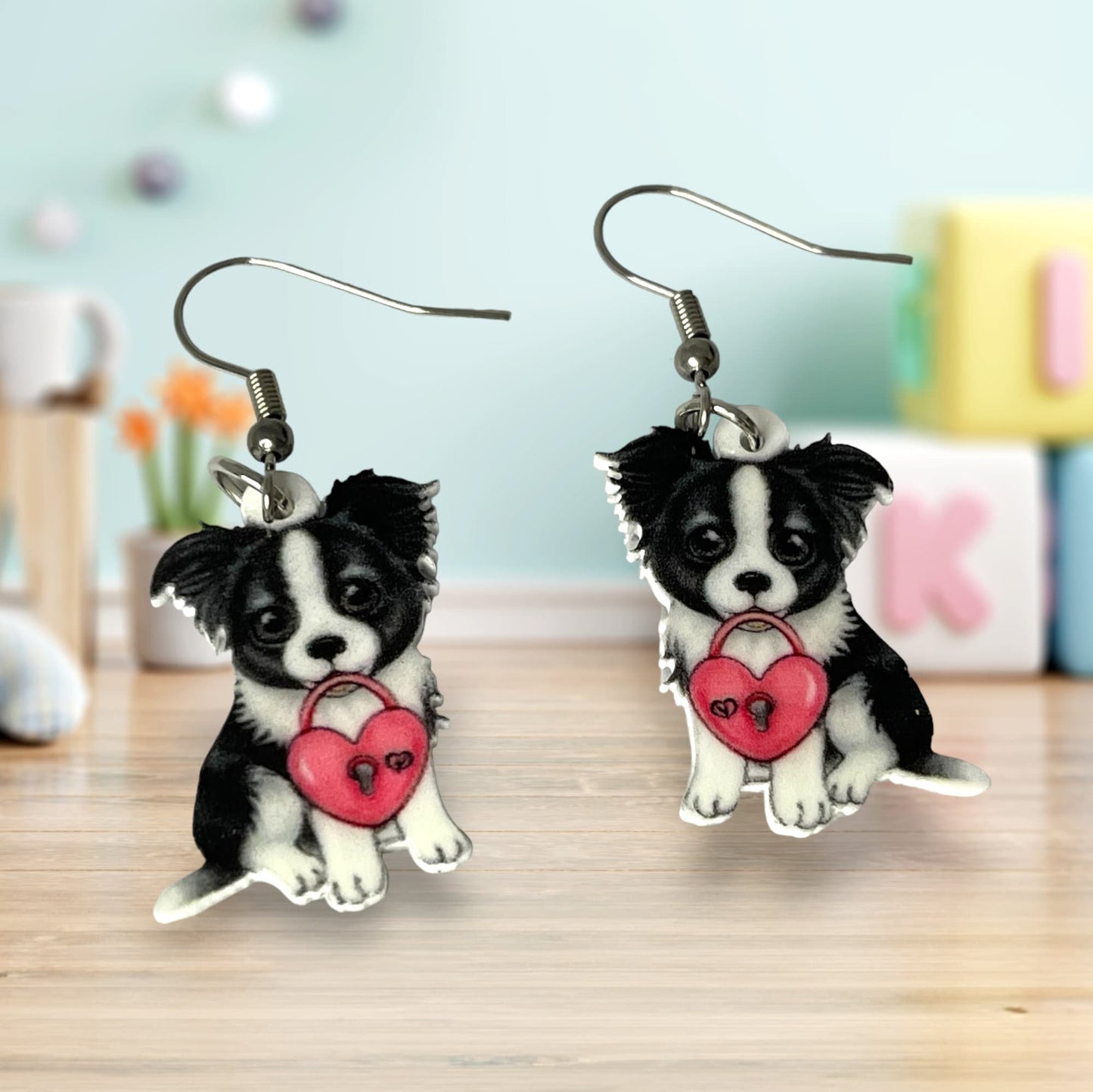 Adorable Heart Border Collie Dog Acrylic Dangle Earrings