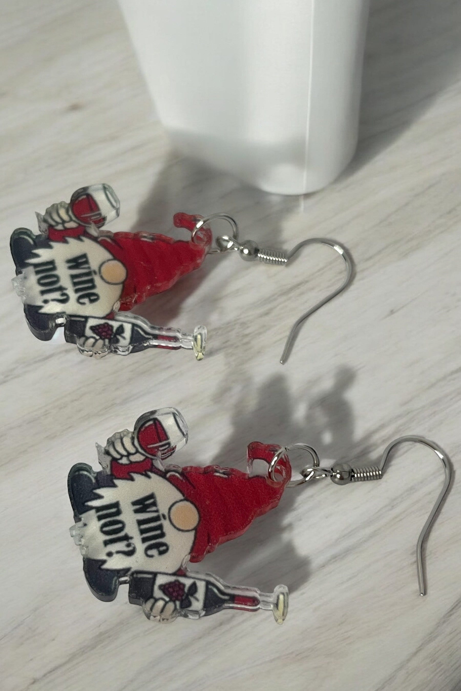 Wine Lover Gnome Earrings - Cute Acrylic Holiday Gift for Her, Choose Plain or "Wine Not?" Design